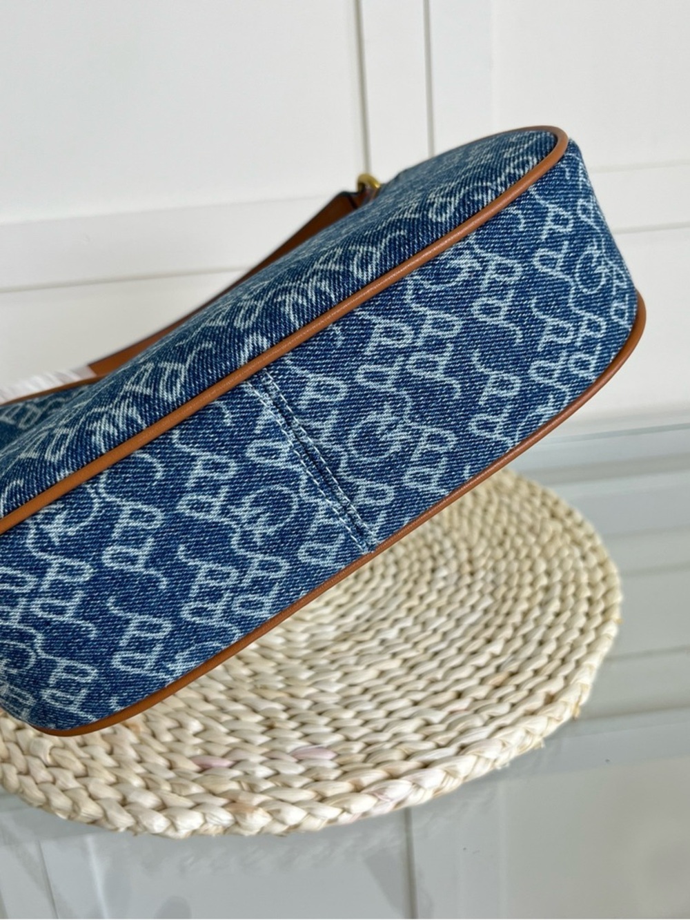 Pinko Blue Denim Logo Shoulder Bag with Brown Trim - Picture 4 of 9